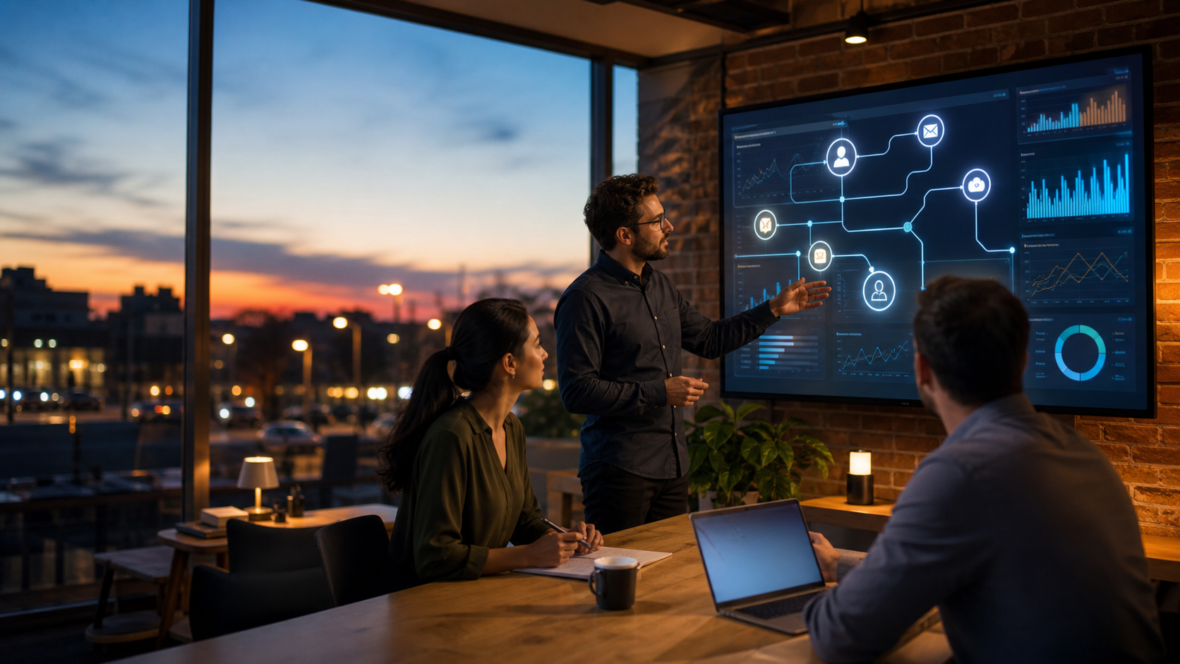Business operators reviewing an AI automation dashboard in a modern workspace