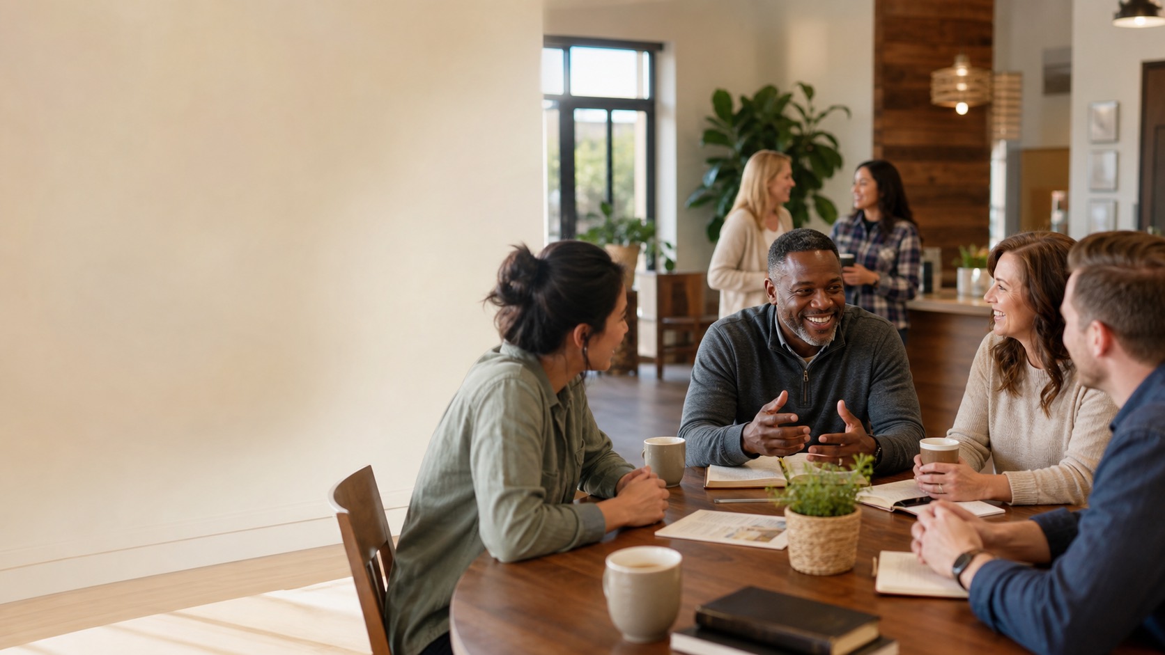 A welcoming group gathered around a table in conversation