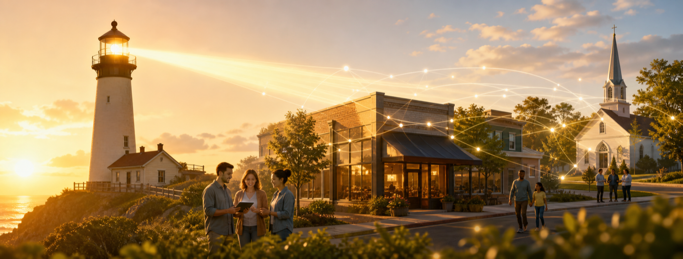 Lighthouse beaming light across a Middle Tennessee main street of local shops and a church, connected by a glowing network, as a small business owner reviews a tablet